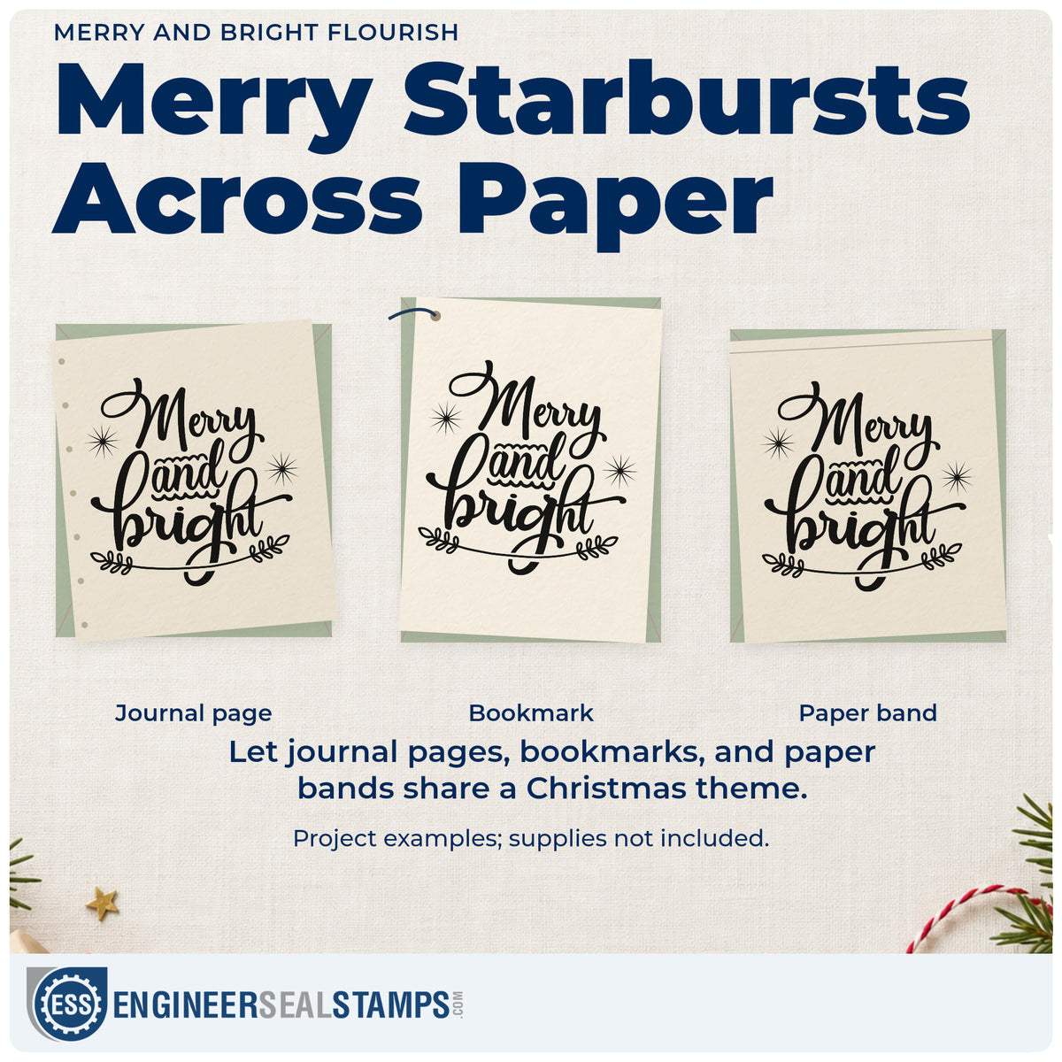 Three project examples made with the Merry And Bright Flourish PSI Pre-Inked Stamp, including ink test log sheet.
