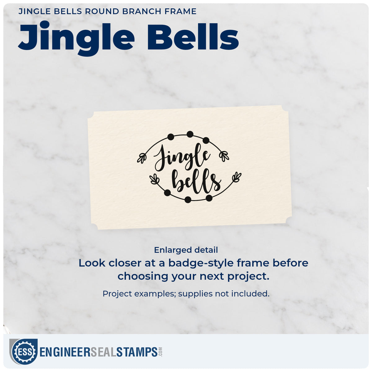 Enlarged detail of the Jingle Bells Round Branch Frame Craft Stamp – Self-Inking imprint. “Jingle Bells” sits inside a thin circular frame decorated with dots and leaf clusters.