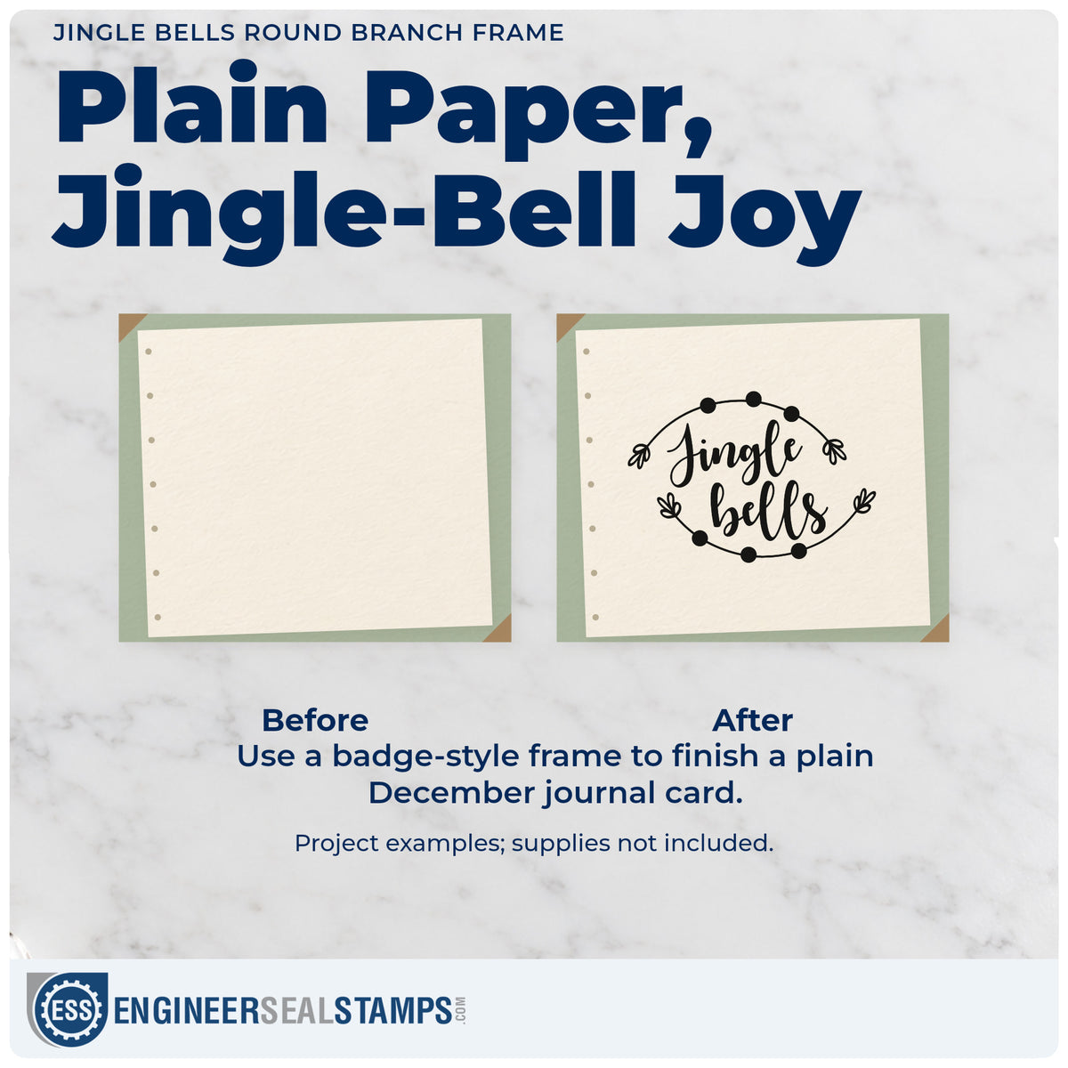 Before and after of a plain item finished with the Pre-Inked Jingle Bells Round Branch Frame Stamp – PSI, a quick upgrade for framed plate wall.