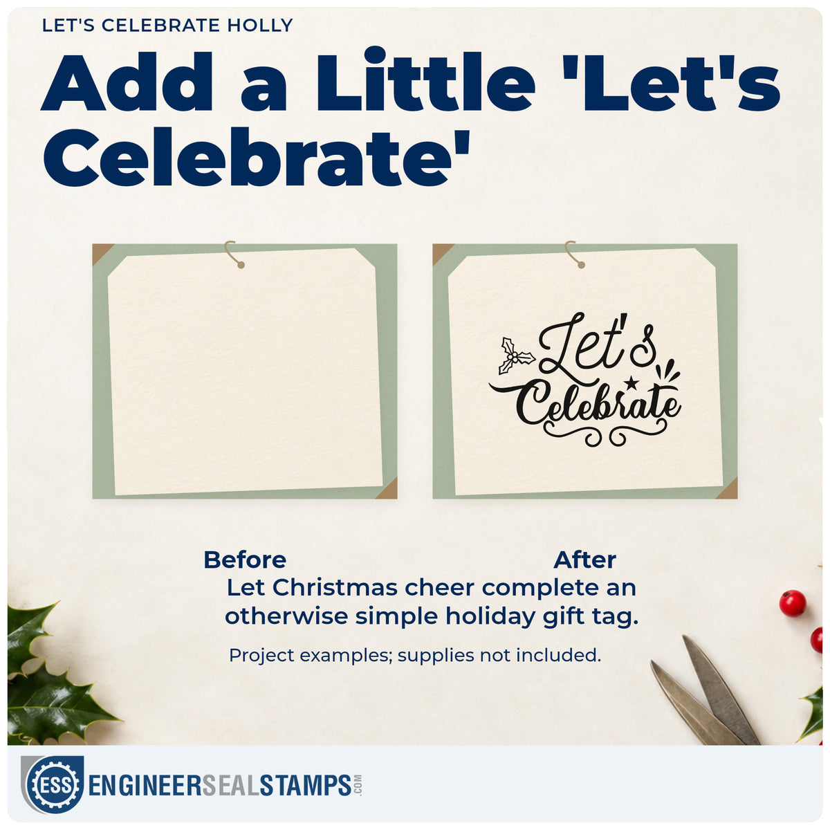 Before and after of a plain item finished with the Let's Celebrate Holly With Stars Stamp – Wood Handle, a quick upgrade for framed party corner.