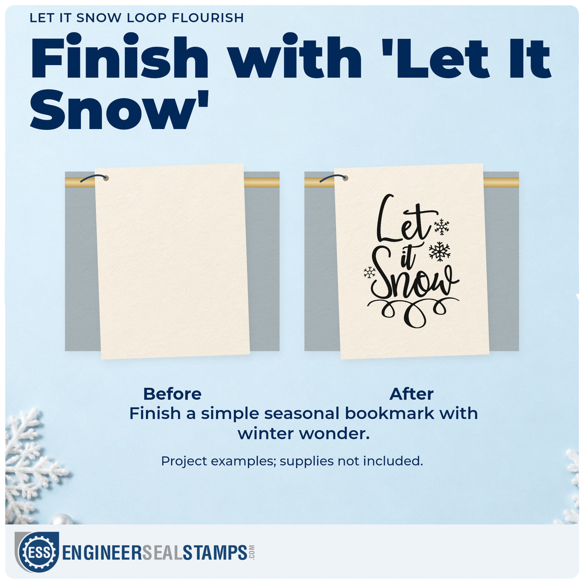 Before and after of a plain item finished with the PSI Pre-Inked Let It Snow Loop Flourish Stamp, a quick upgrade for framed shop office.