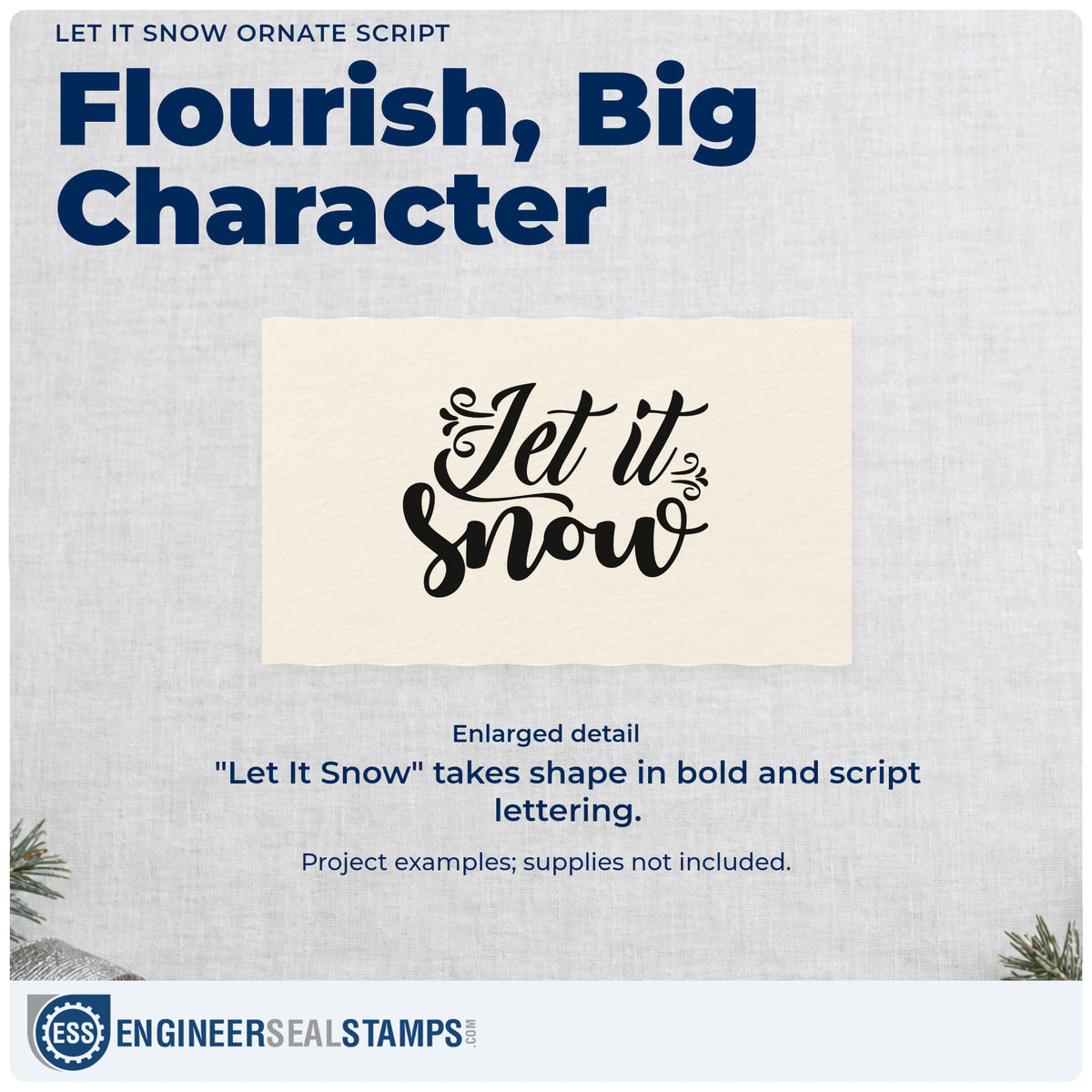 Enlarged detail of the Let It Snow Ornate Script Lettering Pre-Inked Stamp – PSI imprint. “Let It Snow” appears in bold script with curled flourishes at the sides.