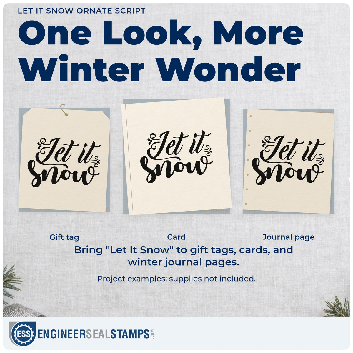 Three project examples made with the Slim Pre-Inked Let It Snow Ornate Script Lettering Stamp, including activity menu sheet.