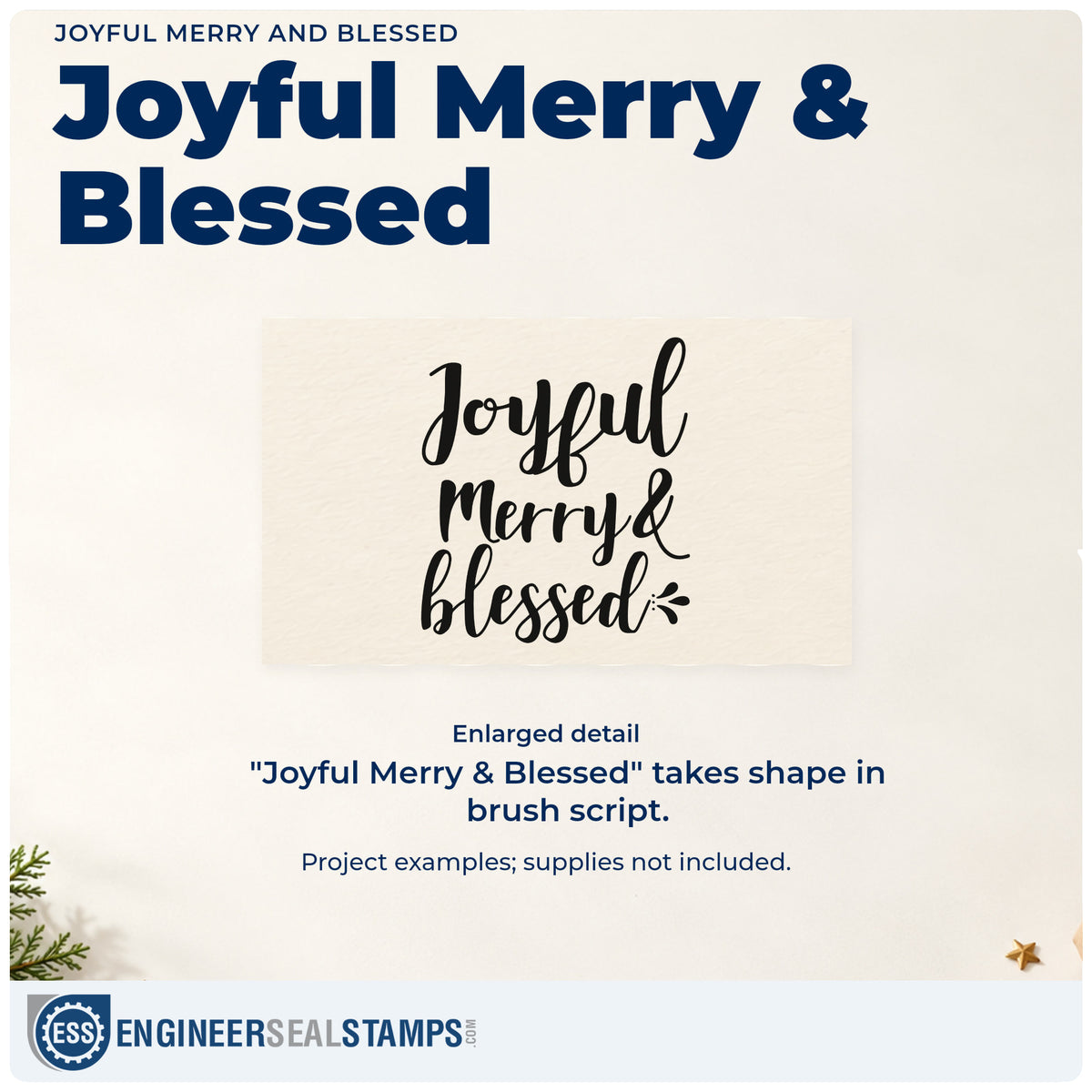 Enlarged detail of the Joyful Merry And Blessed PSI Pre-Inked Stamp imprint. “Joyful Merry & Blessed” appears in three stacked rows of brush script.