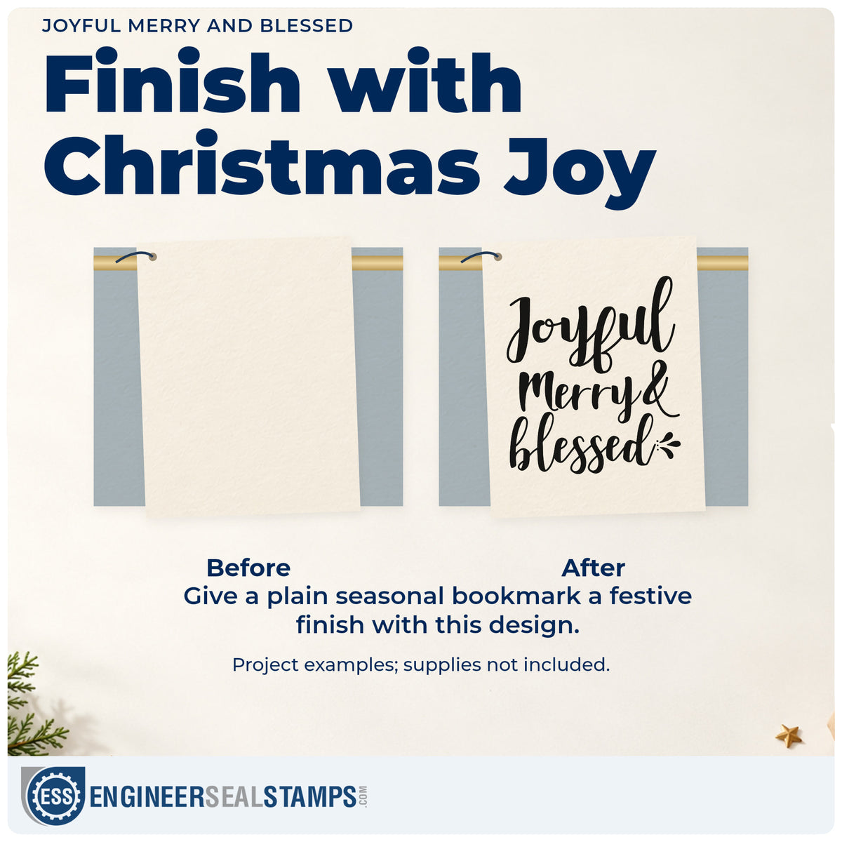 Before and after of a plain item finished with the Joyful Merry And Blessed Hand Stamp – Duo, a quick upgrade for framed foyer bench.