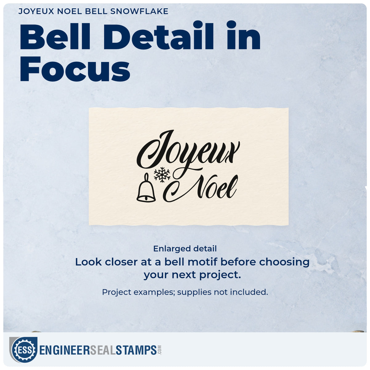 Enlarged detail of the Joyeux Noel Bell Snowflake Script Lettering Pre-Inked Stamp – PSI imprint. “Joyeux Noel” appears in elegant script beside a bell and snowflake.
