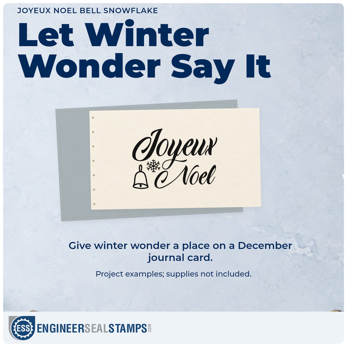 A finished handmade project stamped with the Joyeux Noel Bell Snowflake Script Lettering Rubber Stamp – Wood Handle, ideal for travel album page.