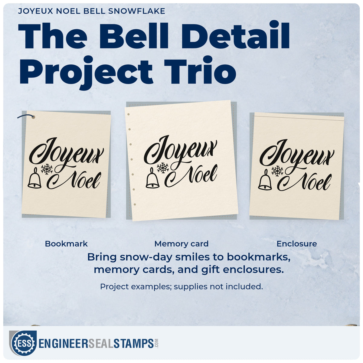 Three project examples made with the Joyeux Noel Bell Snowflake Script Lettering Rubber Stamp – Wood Handle, including language study sheet.