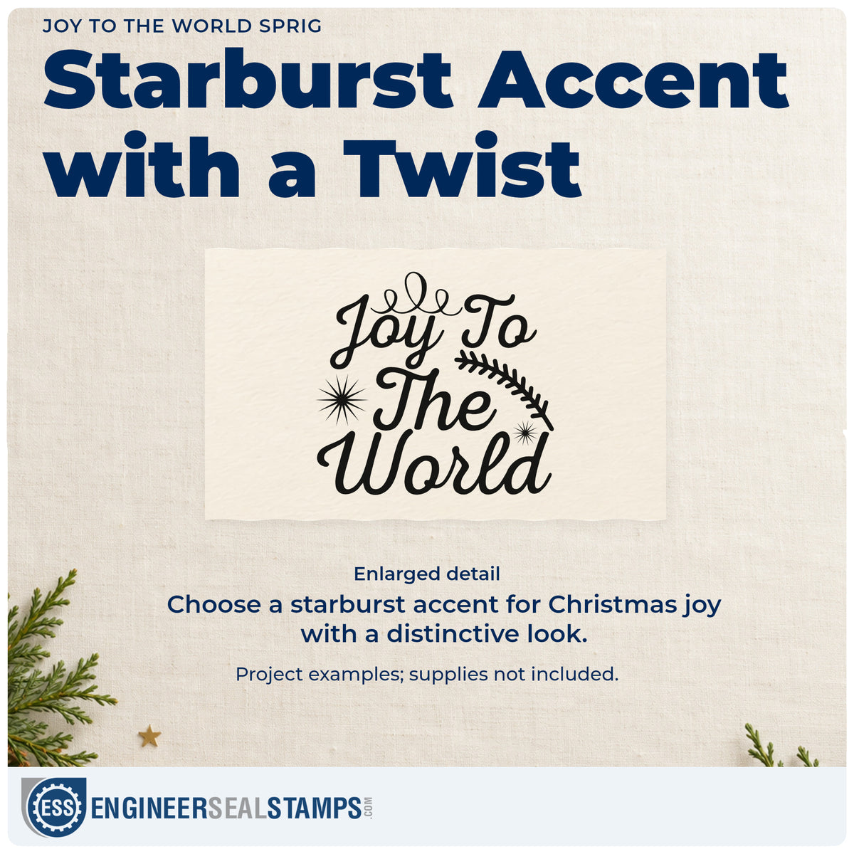 Enlarged detail of the Joy To The World Sprig Stamp – Self-Inking imprint. “Joy to the World” features a looping flourish, starbursts, and an evergreen sprig.