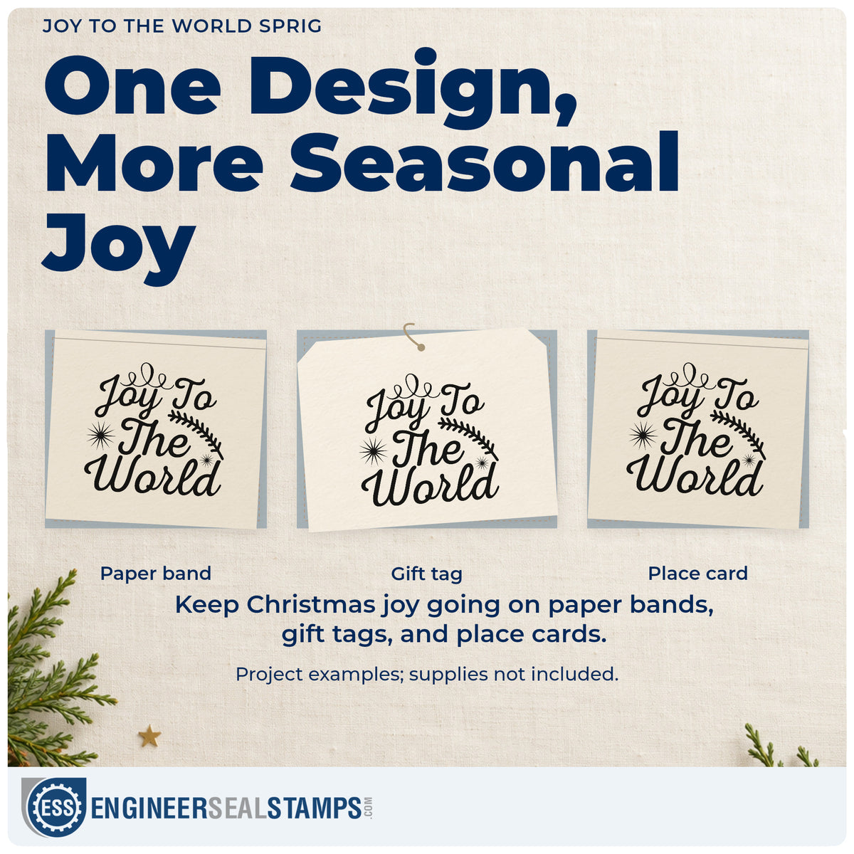 Three project examples made with the Joy To The World Sprig Rubber Stamp – Duo Hand, including planting log sheet.