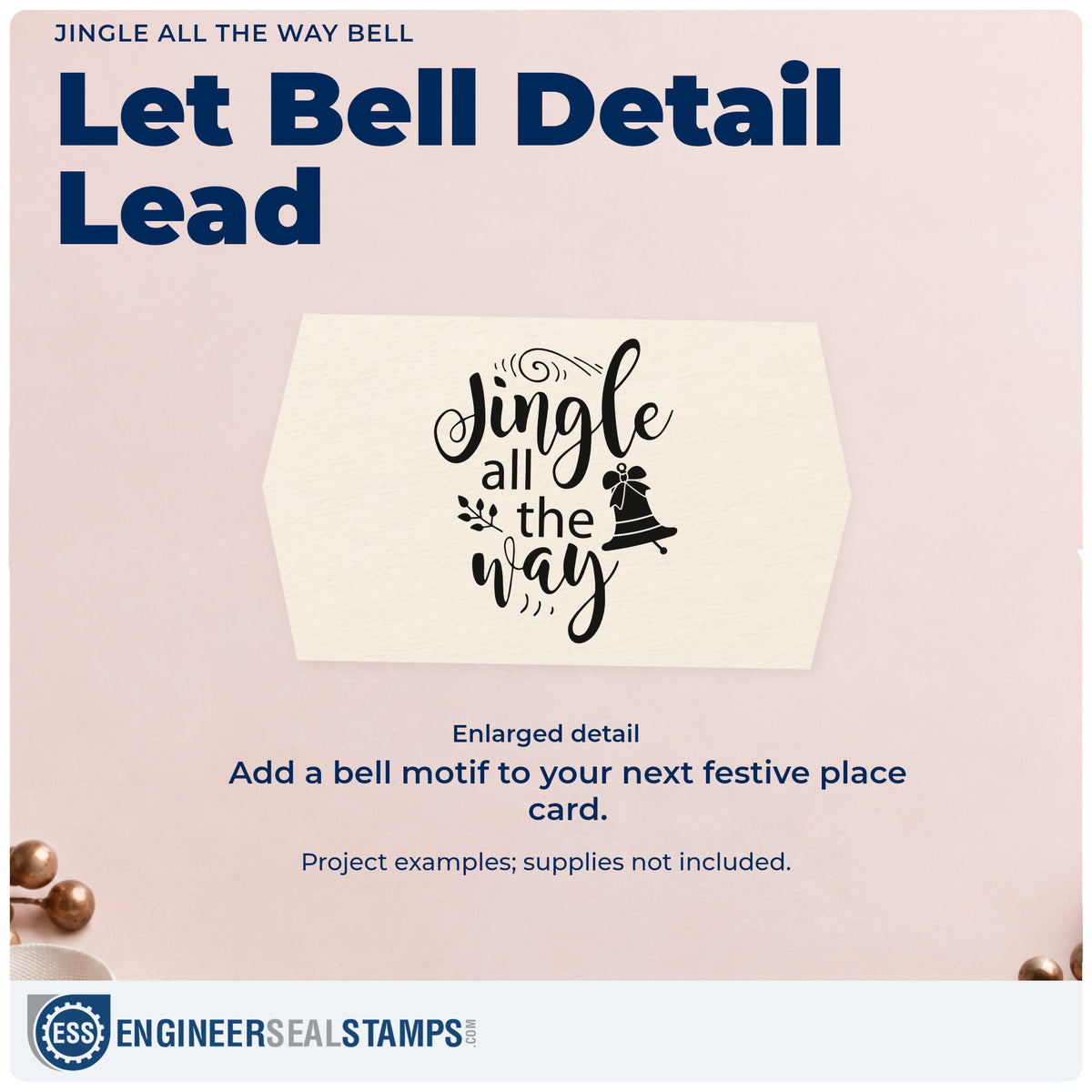 Enlarged detail of the Jingle All The Way Bell Stamp – PSI Pre-Inked imprint. “Jingle All the Way” appears with a bow-topped bell, leafy sprig, and curls.