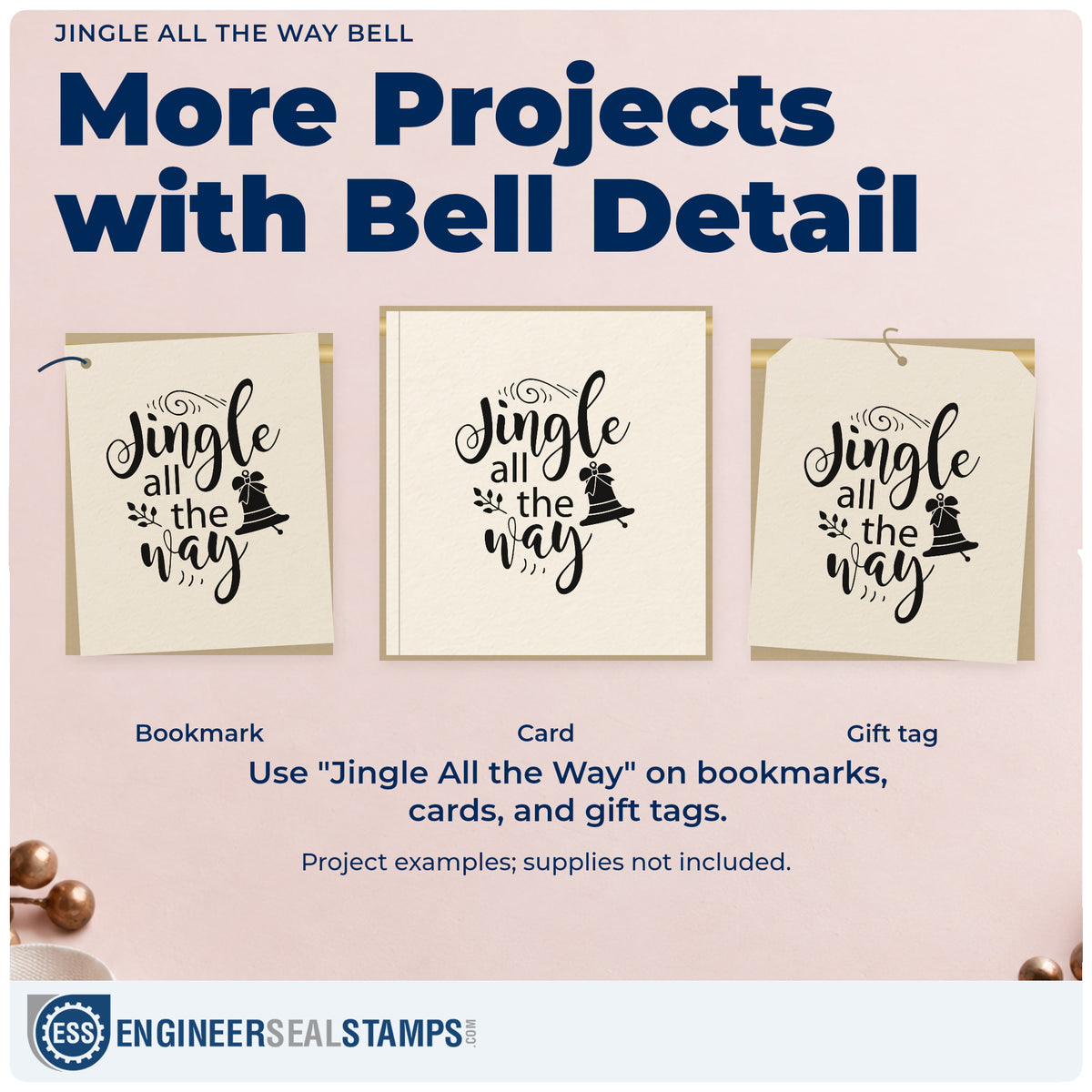 Three project examples made with the Jingle All The Way Bell Stamp – PSI Pre-Inked, including wrap idea sheet.
