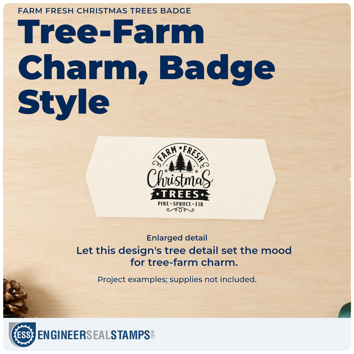 Enlarged detail of the Farm Fresh Christmas Trees Pine Spruce Fir Stamp – Self-Inking imprint. “Farm Fresh Christmas Trees Pine Spruce Fir” surrounds three pine silhouettes with stars and a dark banner.