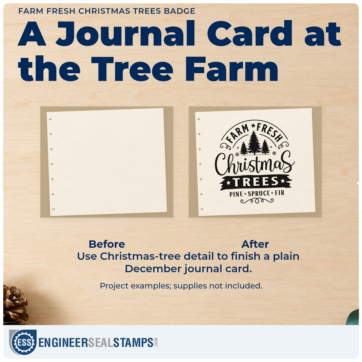 Before and after of a plain item finished with the Farm Fresh Christmas Trees Pine Spruce Fir Stamp – Self-Inking, a quick upgrade for framed stall panel.