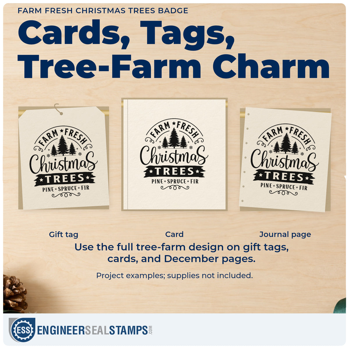 Three project examples made with the Farm Fresh Christmas Trees Pine Spruce Fir Hand Stamp – Duo, including stall setup sheet.