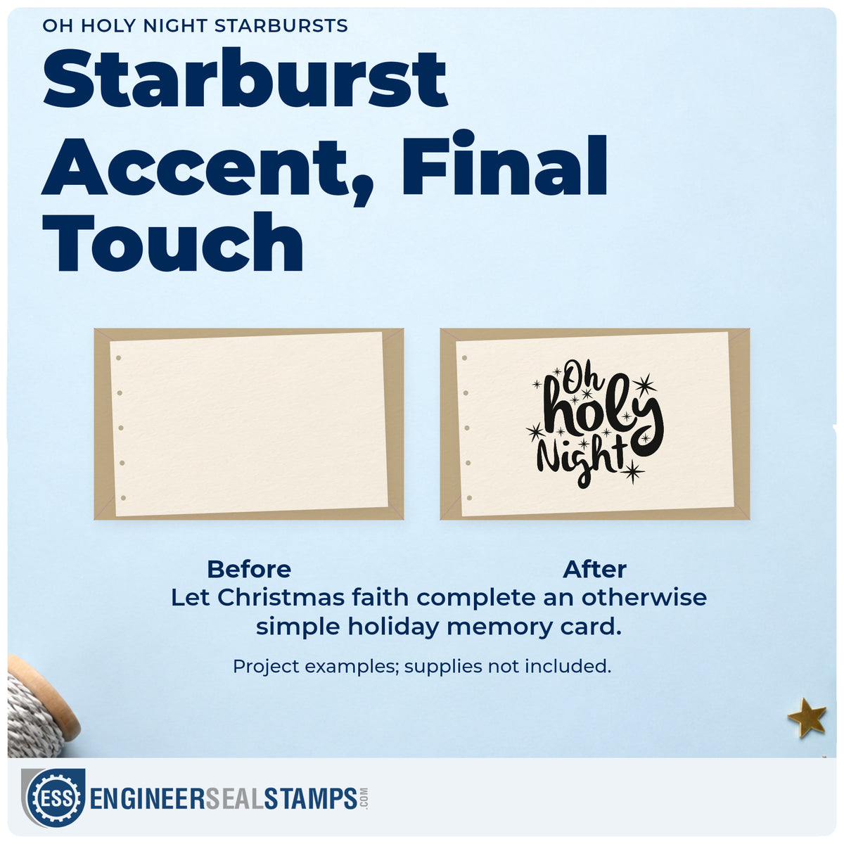 Before and after of a plain item finished with the Oh Holy Night Starbursts With Sparkles Stamp – Wood Handle, a quick upgrade for framed youth room.