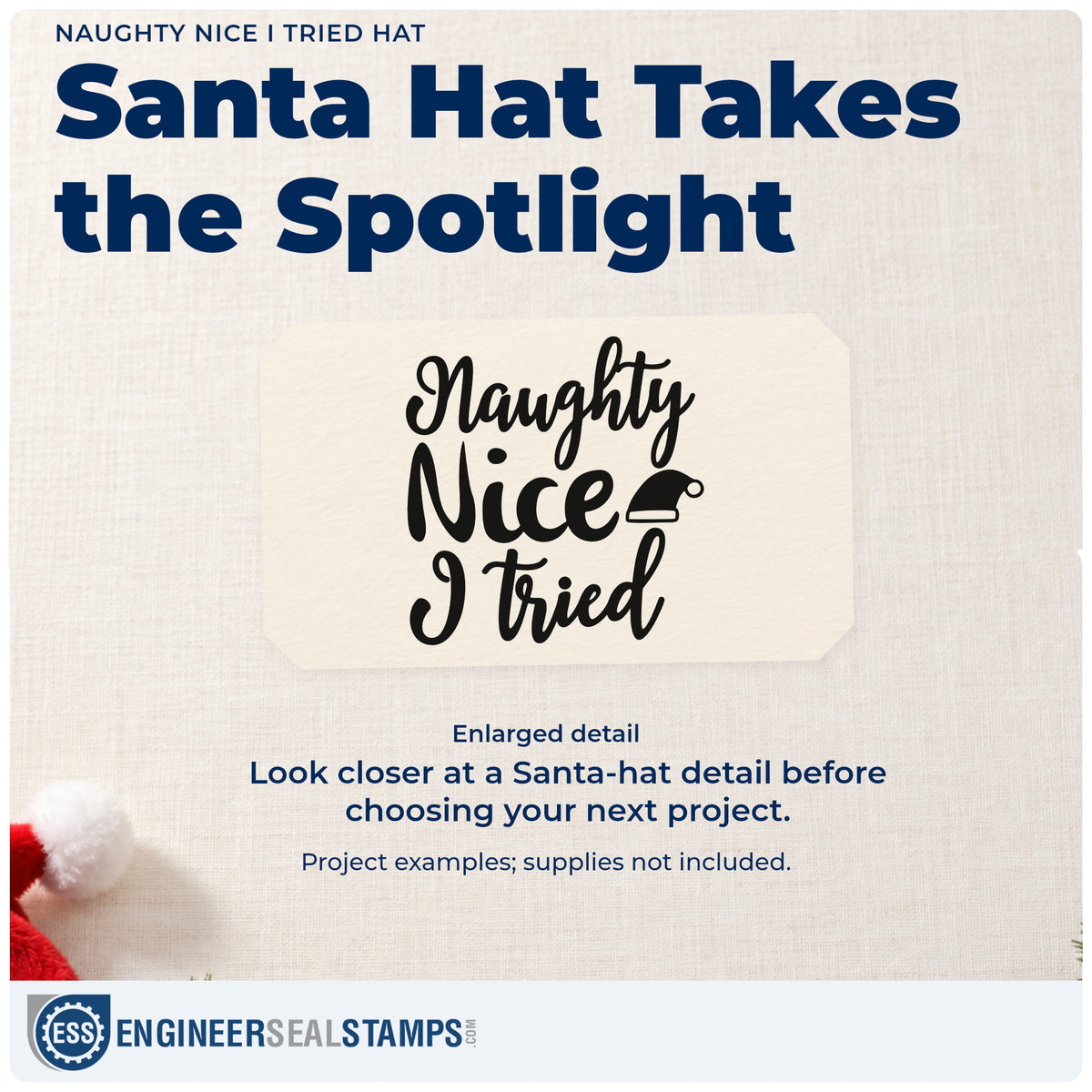 Enlarged detail of the Naughty Nice I Tried Hat Premium Wood-Mounted Stamp – Vintage Pro imprint. “Naughty Nice I Tried” appears in large flowing lettering with a Santa hat.