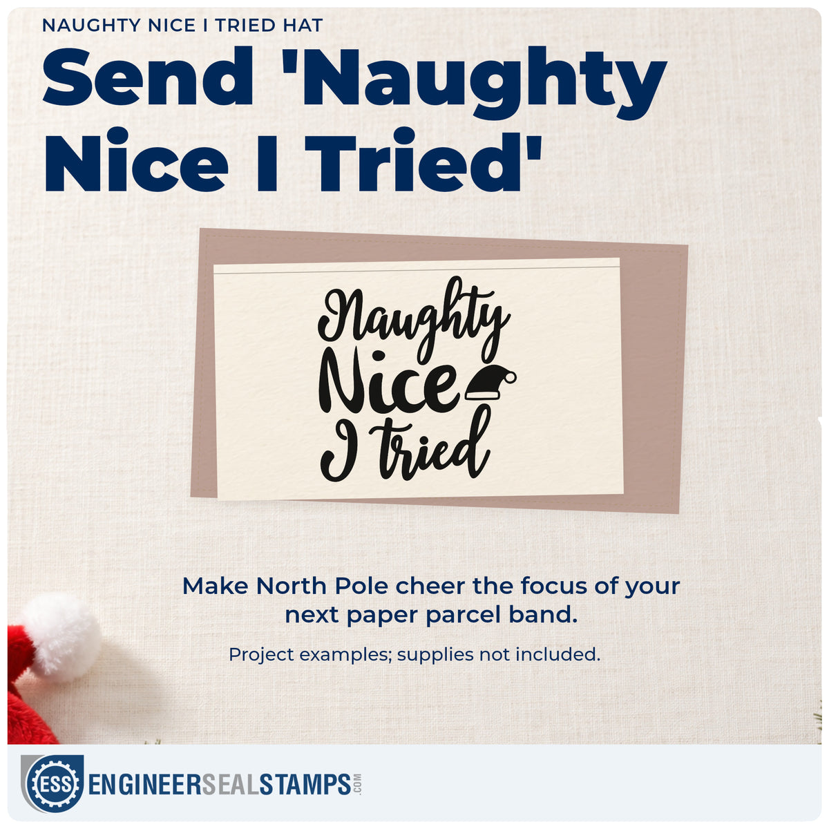A finished handmade project stamped with the Naughty Nice I Tried Hat Rubber Stamp – Wood Handle, ideal for attempt album page.