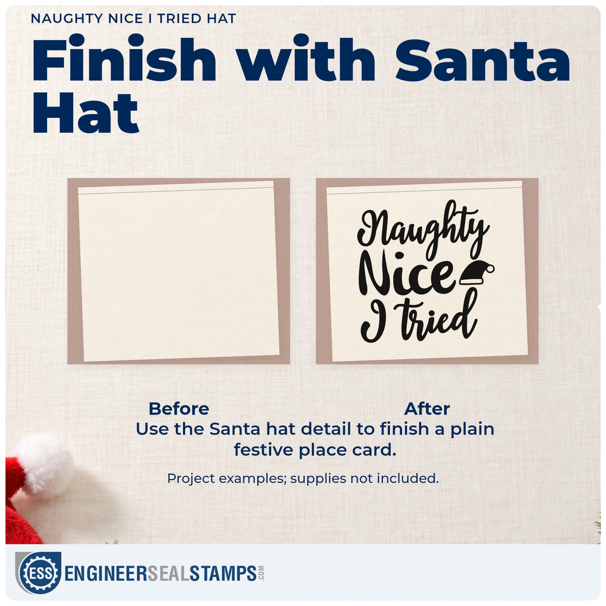 Before and after of a plain item finished with the PSI Pre-Inked Naughty Nice I Tried Hat Stamp, a quick upgrade for framed laundry room.
