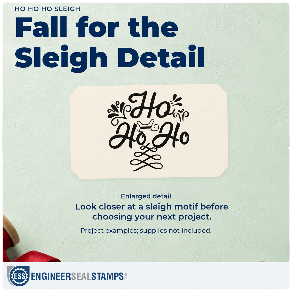 Enlarged detail of the Ho Ho Ho Sleigh Leaf Accents Self-Inking Craft Stamp imprint. “Ho Ho Ho” features a small sleigh, leafy strokes, and an ornate looping underline.
