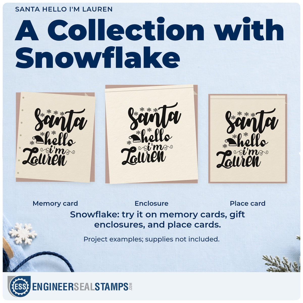 Three project examples made with the Santa Hat With Hello I'm Lauren Premium Wooden Stamp – Vintage Pro, including letter draft sheet.