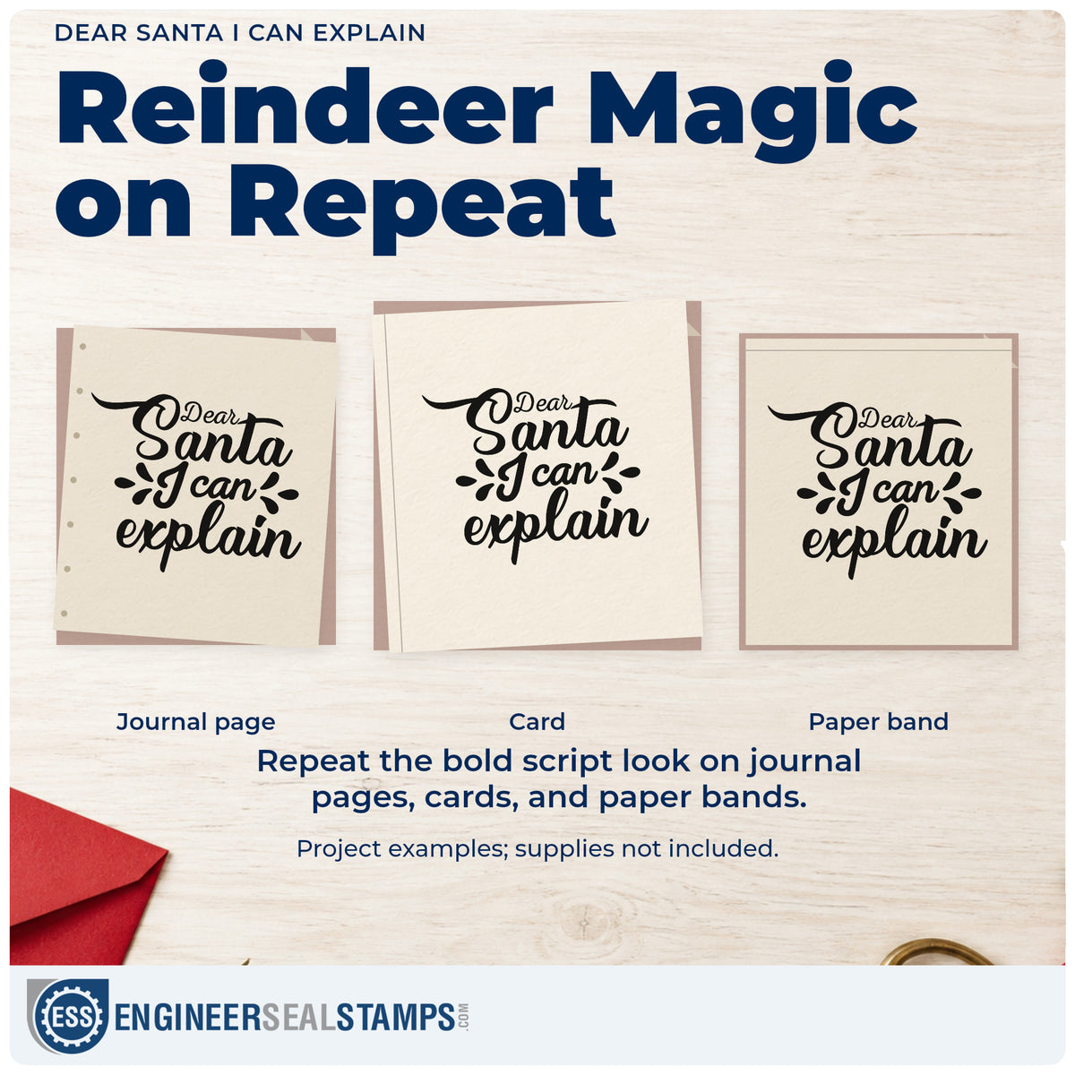 Three project examples made with the Self-Inking Dear Santa I Can Explain Brushstroke Script Stamp, including mileage log sheet.