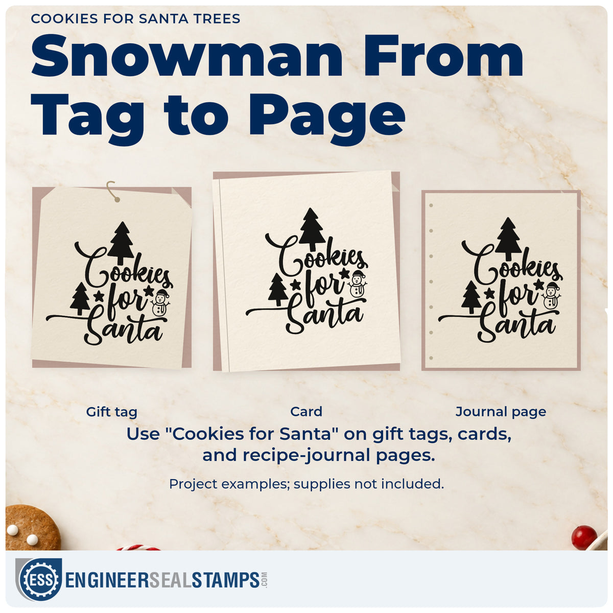 Three project examples made with the Cookies For Santa Trees Premium Wood-Mounted Stamp – Vintage Pro, including take home bag tags.