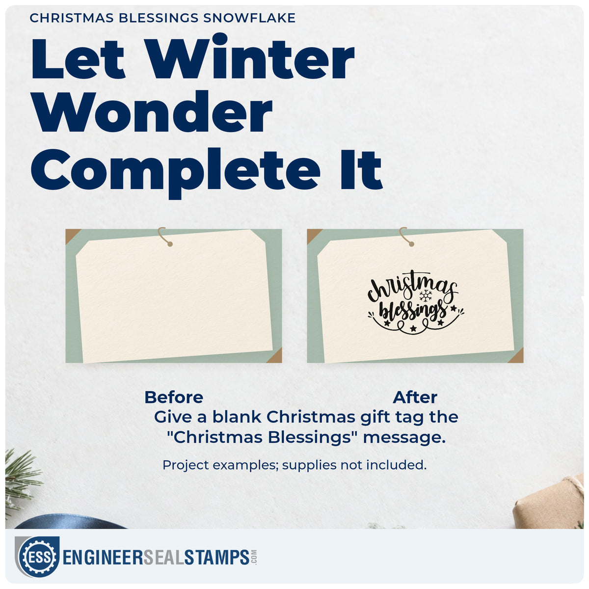 Before and after of a plain item finished with the Christmas Blessings Snowflake Leaf Accents Stamp – PSI Pre-Inked, a quick upgrade for framed office entry.
