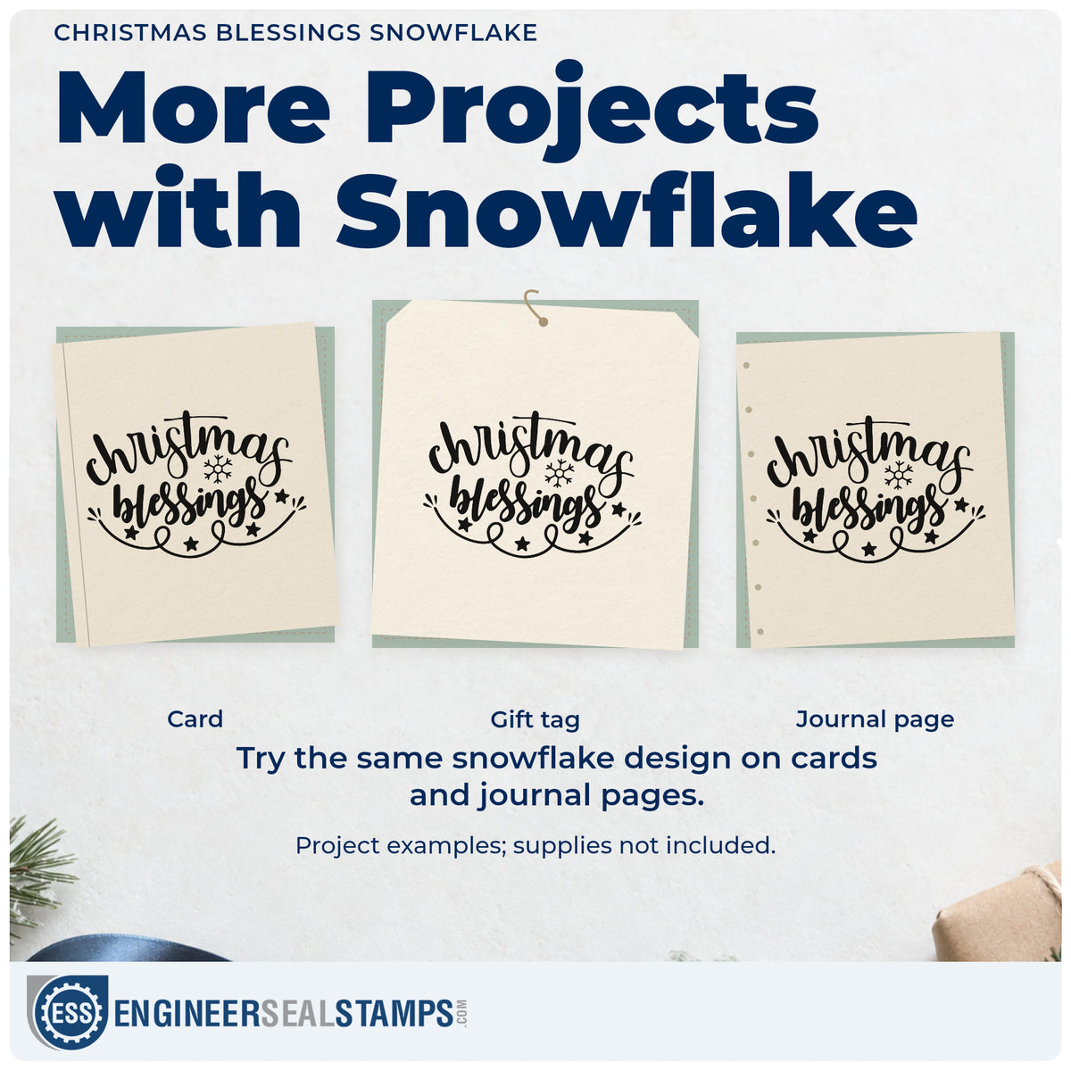 Three project examples made with the Christmas Blessings Snowflake Leaf Accents Self-Inking Stamp, including mailing roster sheet.