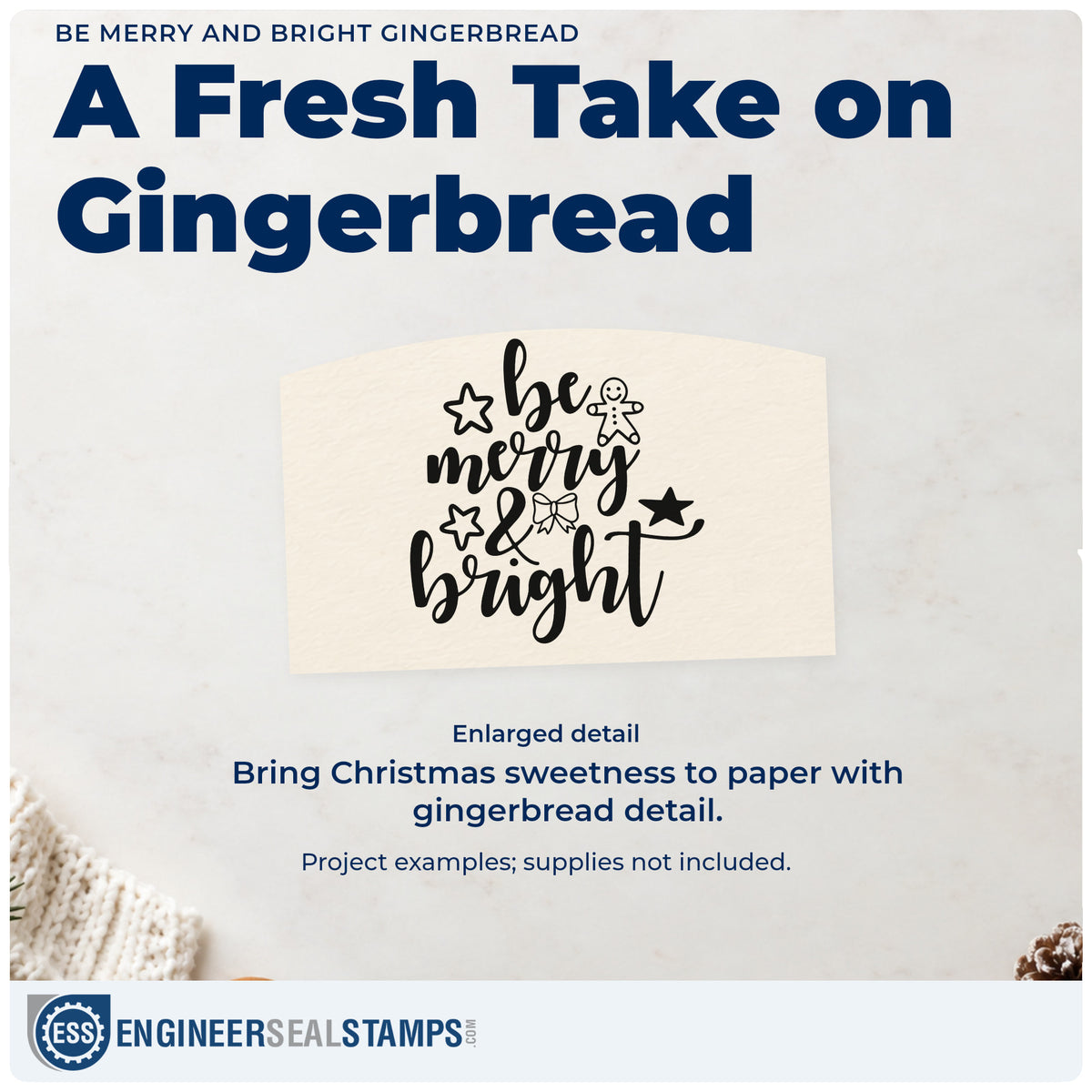 Enlarged detail of the Be Merry And Bright Gingerbread PSI Pre-Inked Stamp imprint. “Be Merry & Bright” appears with stars, a gingerbread figure, and a small bow.
