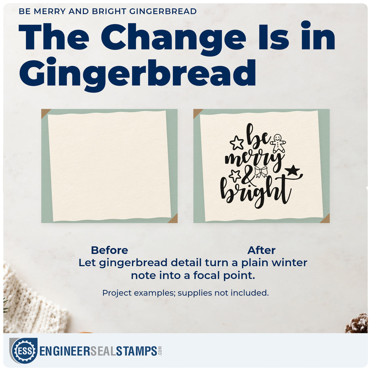 Before and after of a plain item finished with the Be Merry And Bright Gingerbread Stamp – Slim Pre-Inked, a quick upgrade for framed baking corner.