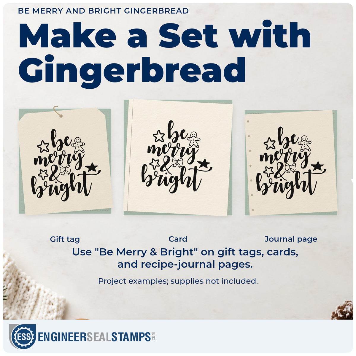 Three project examples made with the Be Merry And Bright Gingerbread PSI Pre-Inked Stamp, including build plan sheet.