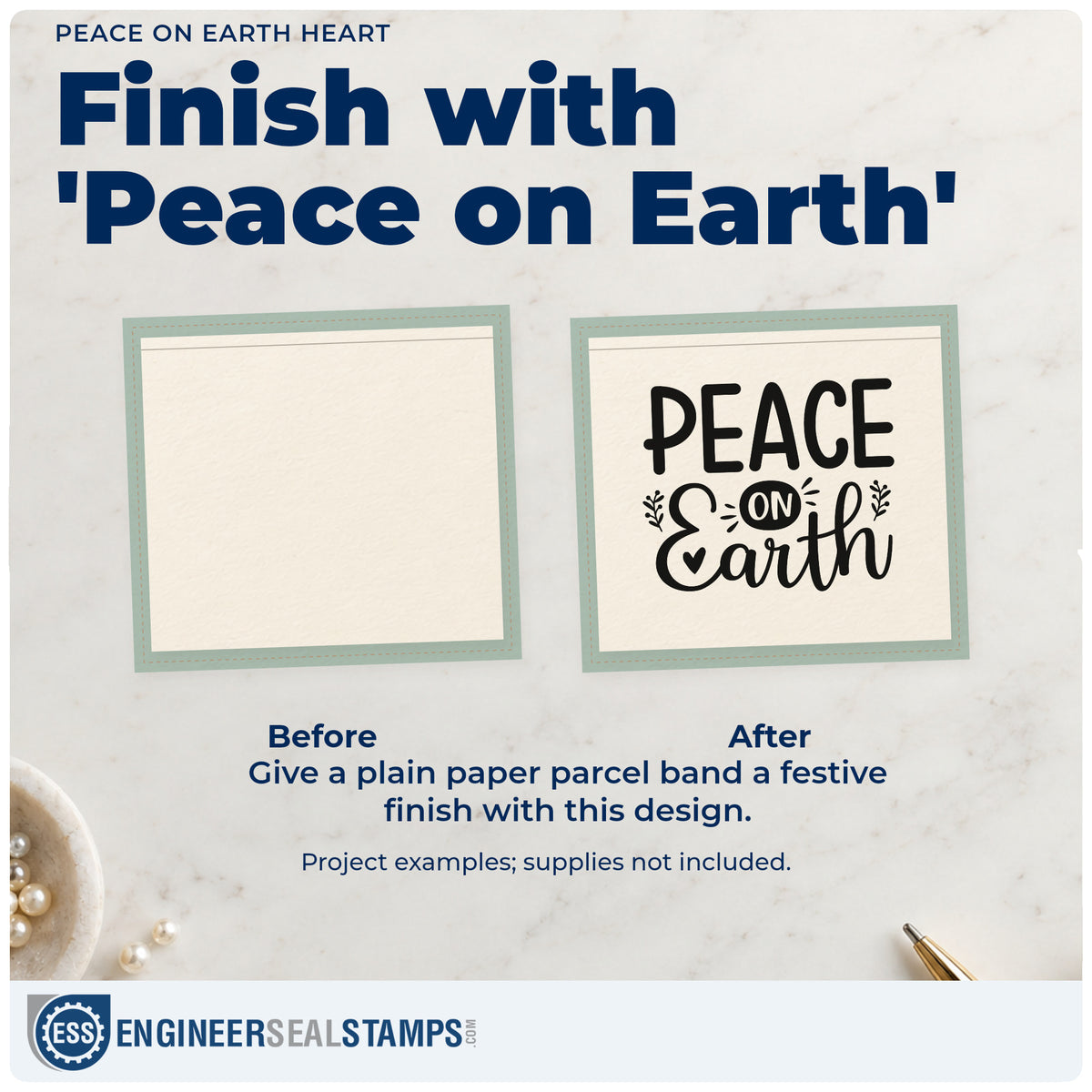 Before and after of a plain item finished with the Peace On Earth Botanical Sprig Wood Handle Stamp, a quick upgrade for flag banner printing.