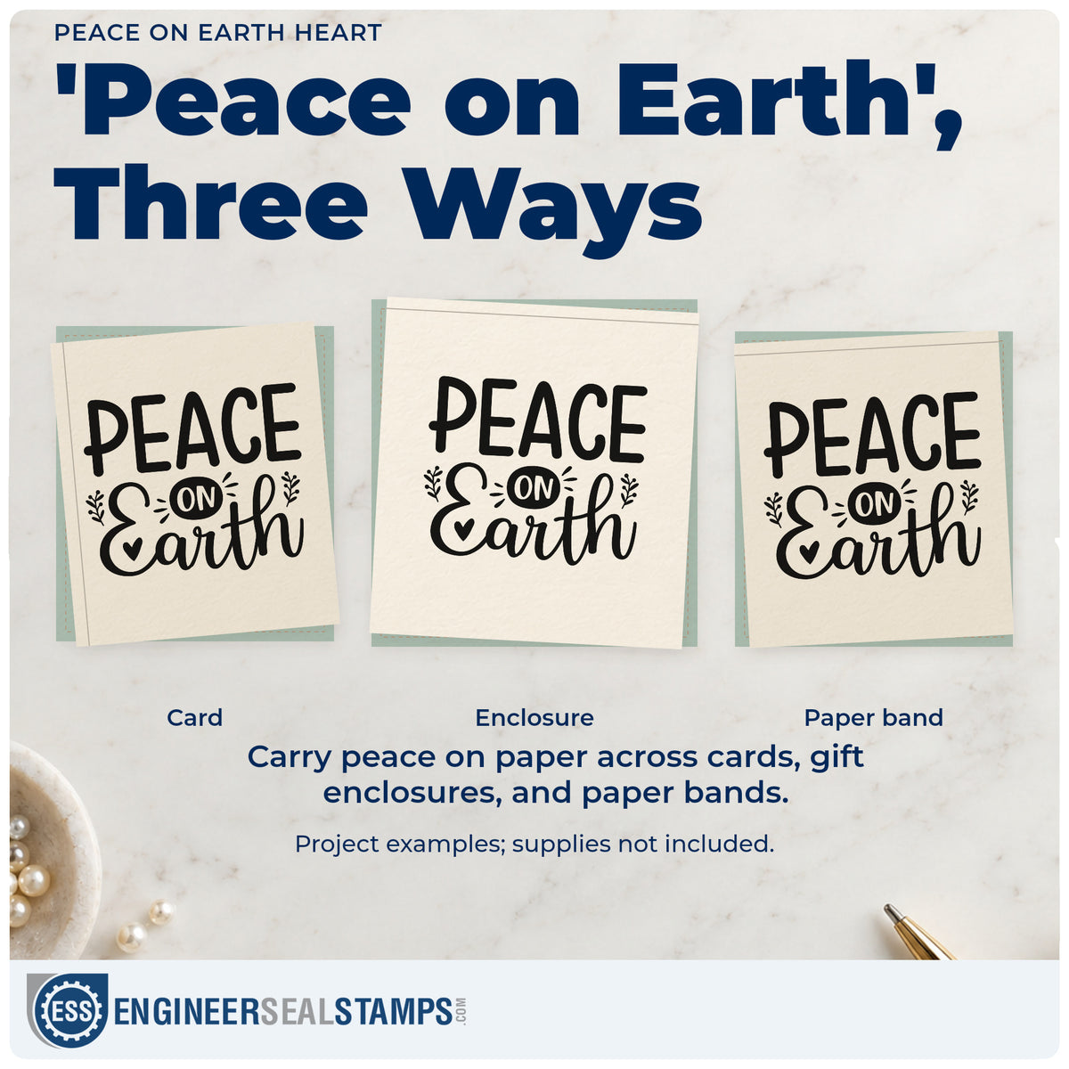Three project examples made with the Peace On Earth Botanical Sprig Slim Pre-Inked Stamp, including exchange gift tags.