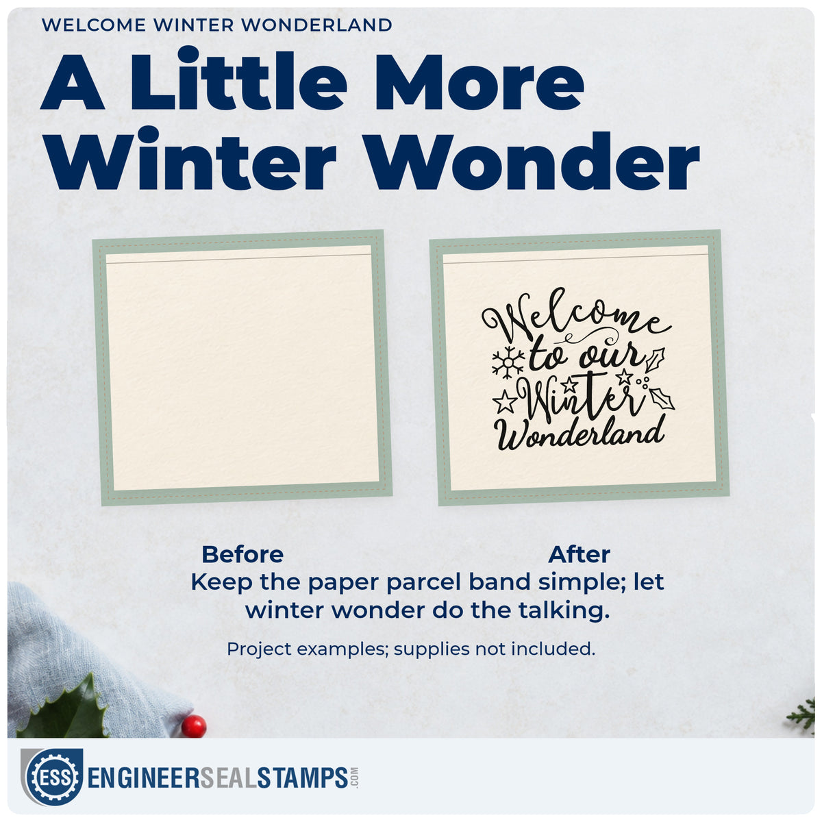 Before and after of a plain item finished with the Welcome To Our Winter Wonderland Craft Stamp – Self-Inking, a quick upgrade for framed porch easel.