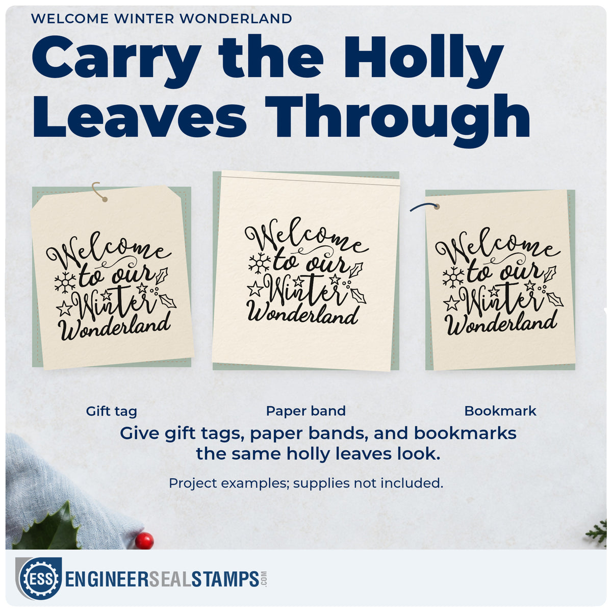Three project examples made with the Welcome To Our Winter Wonderland Hand Stamp – Duo, including arrival check sheet.