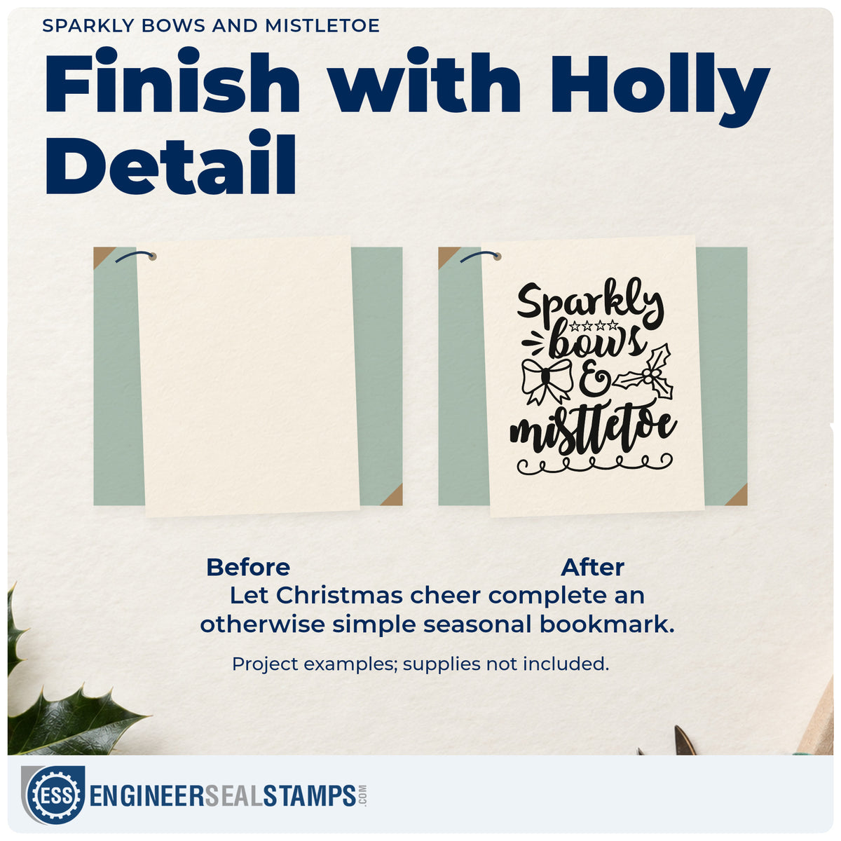 Before and after of a plain item finished with the Sparkly Bows & Mistletoe Holly Rubber Stamp – Duo Hand, a quick upgrade for framed vanity tray.