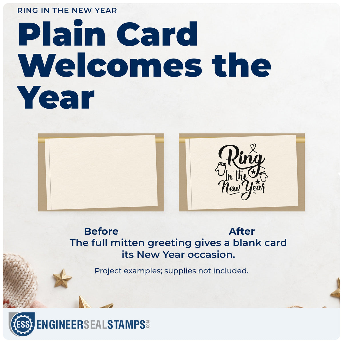 Before and after of a plain item finished with the Ring In The New Year Slim Pre-Inked Stamp, a quick upgrade for framed back door.