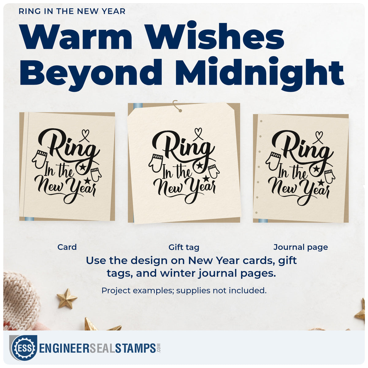 Three project examples made with the Ring In The New Year Rubber Stamp – Wood Handle, including resolution pair sheet.