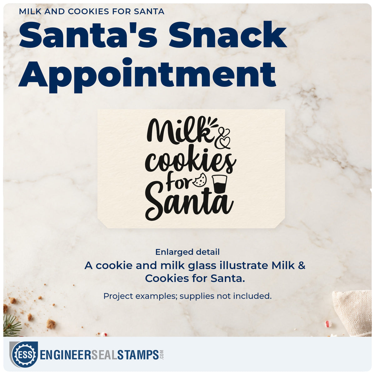 Enlarged detail of the Milk And Cookies For Santa Hand Stamp – Duo imprint. “Milk & Cookies for Santa” features a cookie, milk glass, and decorative strokes.