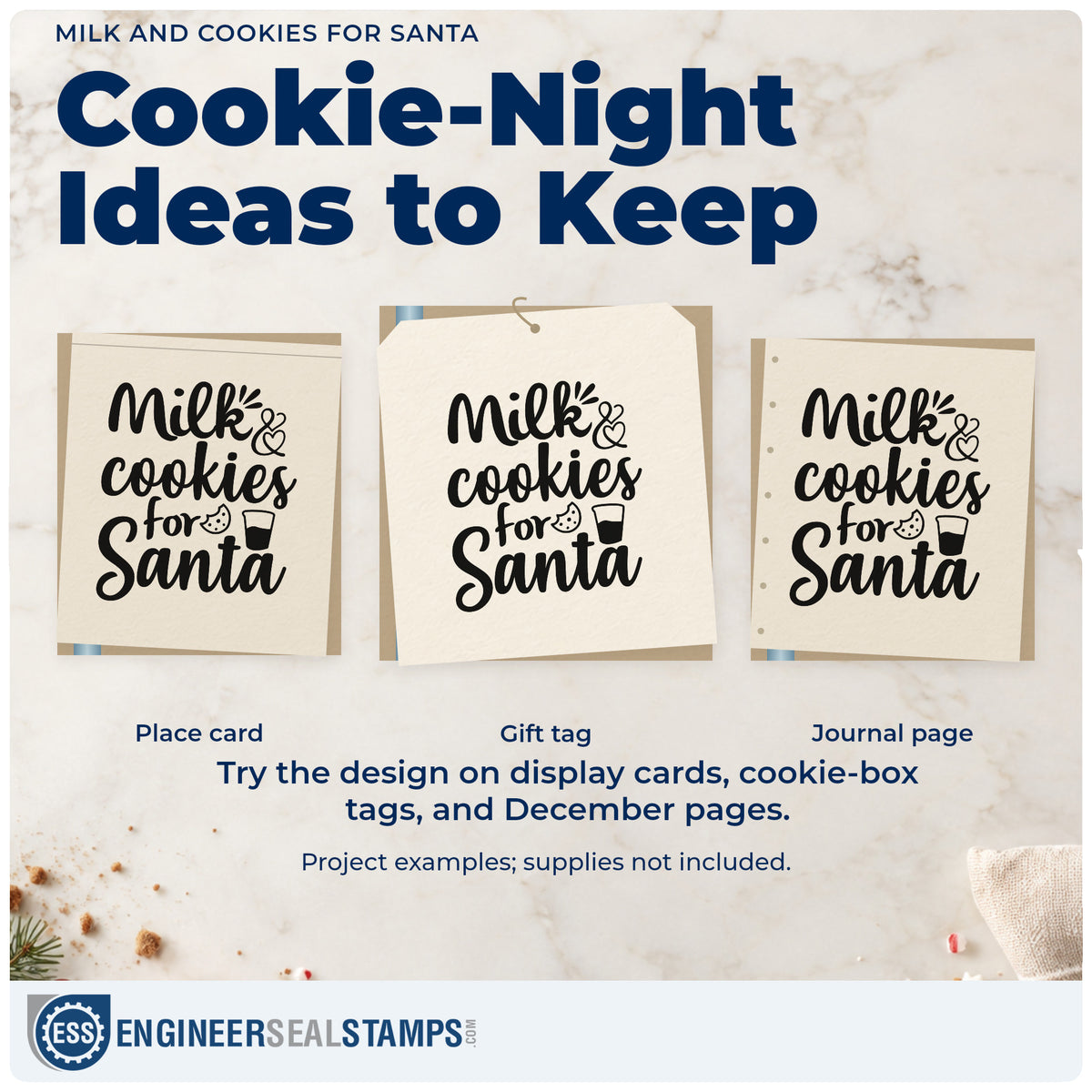 Three project examples made with the Milk And Cookies For Santa Hand Stamp – Duo, including snack prep sheet.