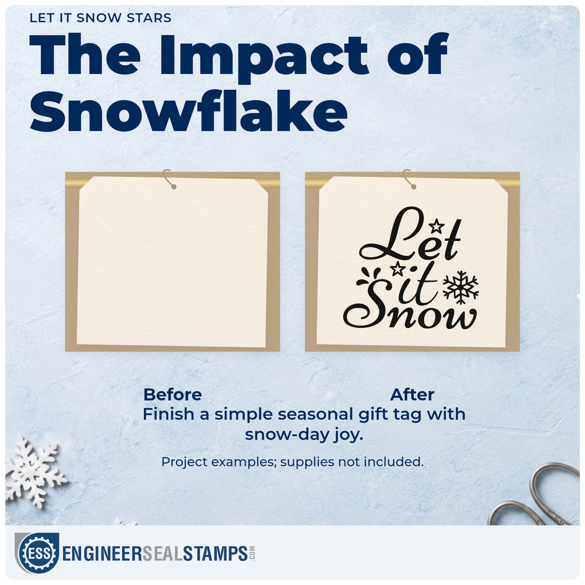 Before and after of a plain item finished with the Let It Snow Stars PSI Pre-Inked Stamp, a quick upgrade for framed lodge beam.
