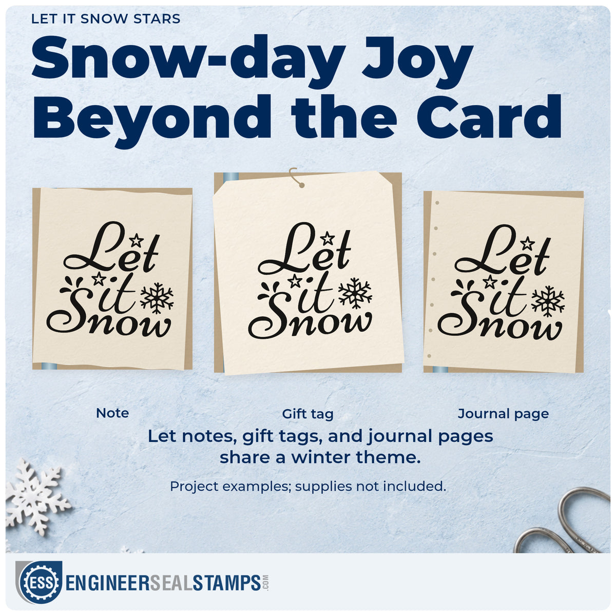 Three project examples made with the Let It Snow Stars Self-Inking Stamp, including trail report sheet.