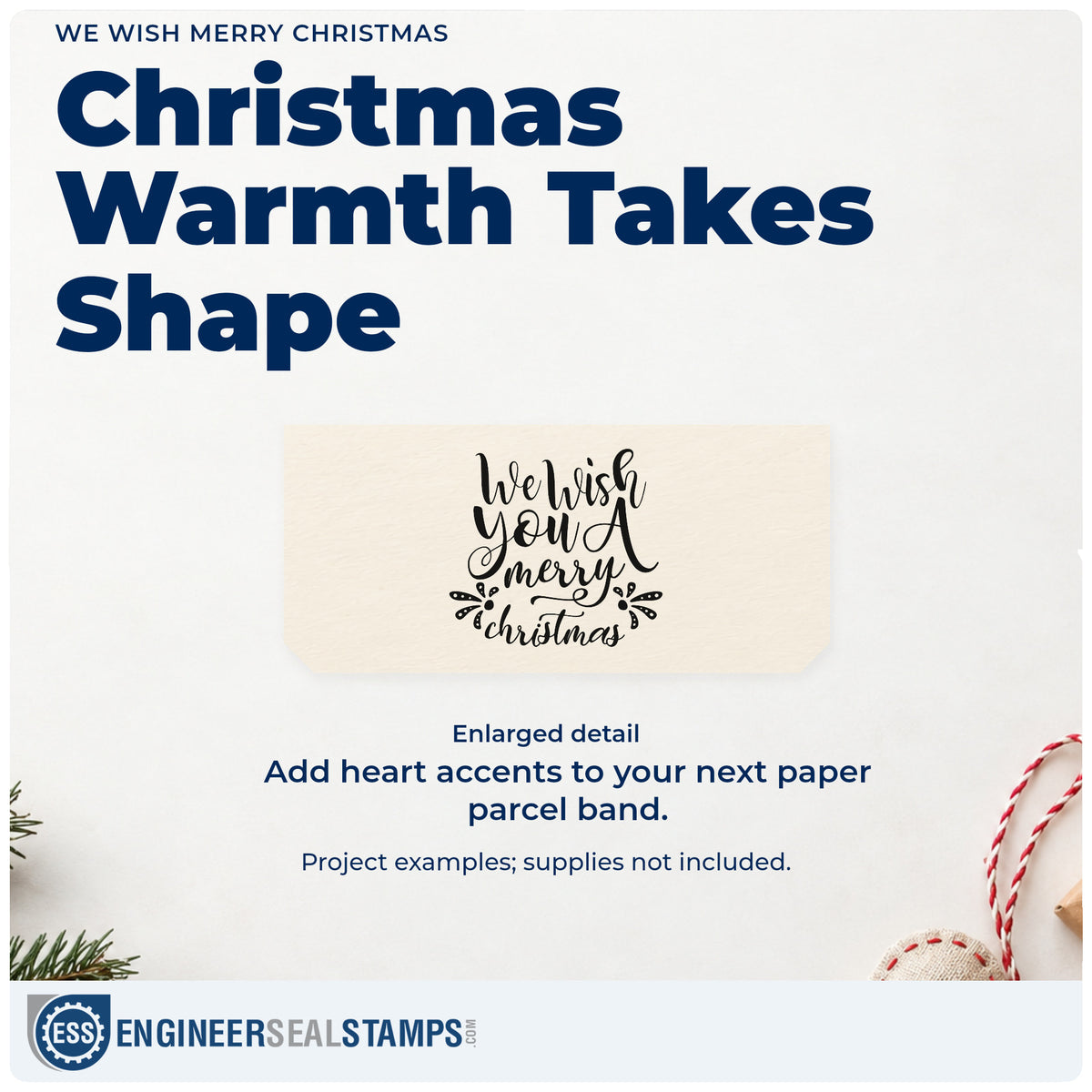 Enlarged detail of the We Wish Merry Christmas Rubber Stamp – Wood Handle imprint. “We Wish You a Merry Christmas” features dotted leaf clusters and a small heart.