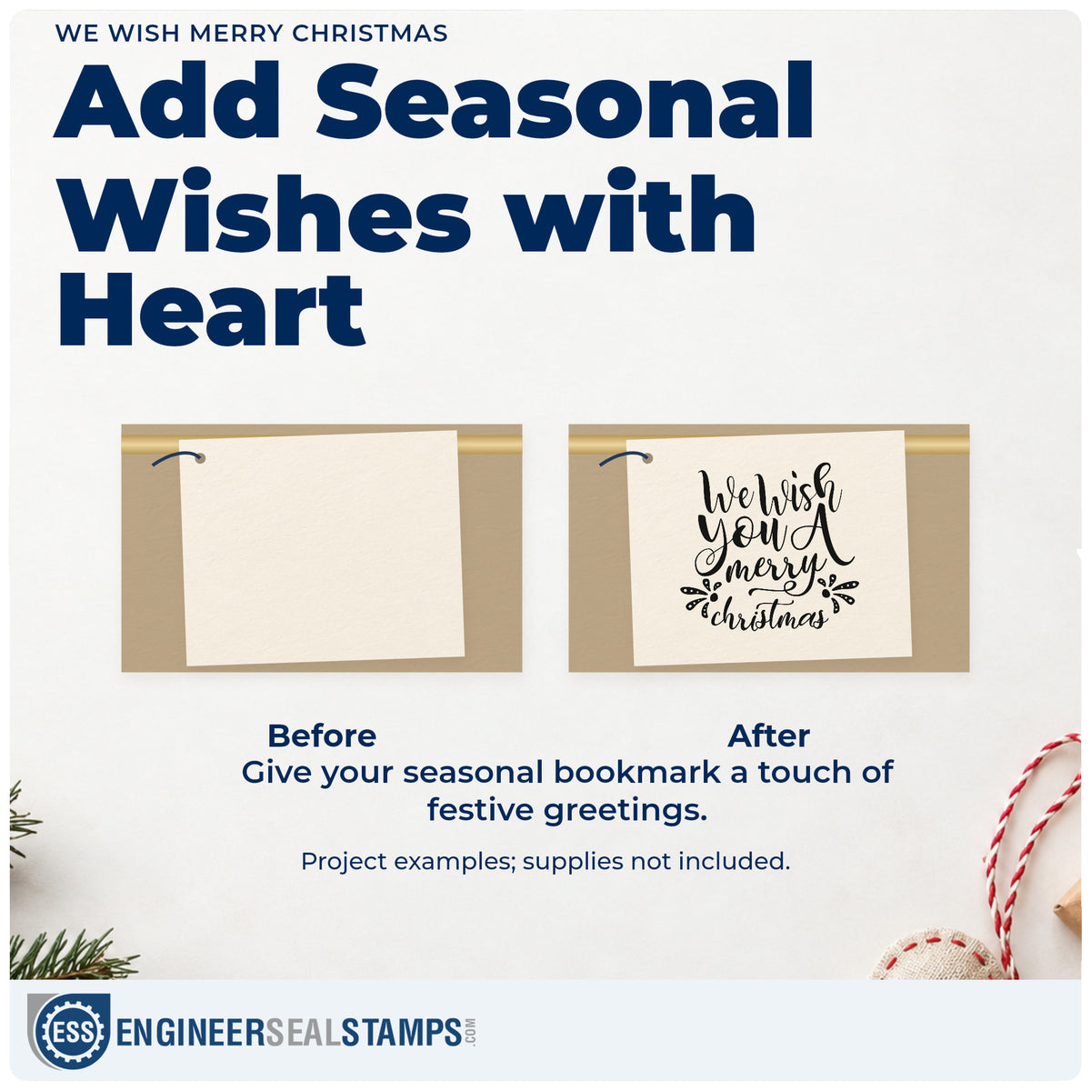 Before and after of a plain item finished with the We Wish Merry Christmas Rubber Stamp – Wood Handle, a quick upgrade for framed photo ledge.