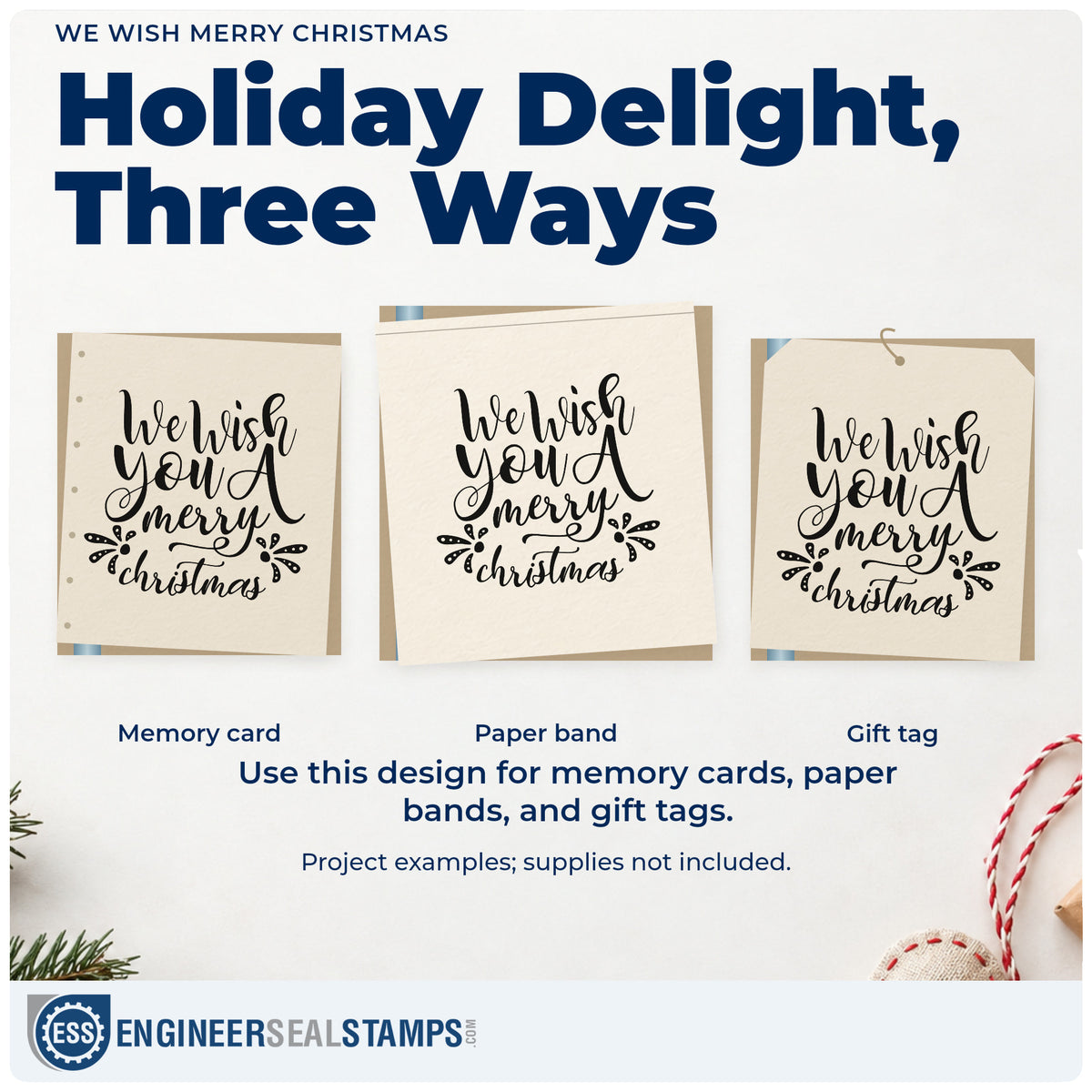 Three project examples made with the Self-Inking We Wish Merry Christmas Stamp, including newsletter draft sheet.
