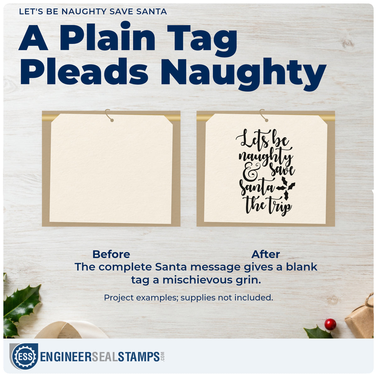 Before and after of a plain item finished with the Let's Be Naughty & Save Santa The Trip Pre-Inked Stamp – Slim, a quick upgrade for framed suite mirror.