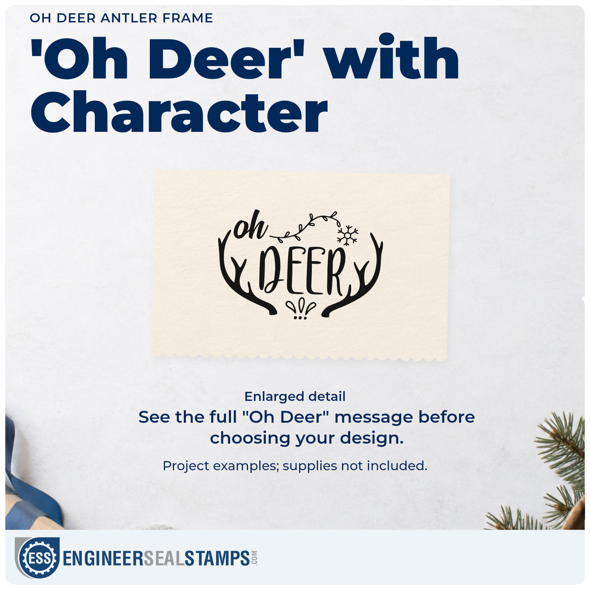 Enlarged detail of the Oh Deer Antler Framed Lettering Wood Handle Stamp imprint. “Oh Deer” sits between large antlers with a leafy arc and snowflake overhead.