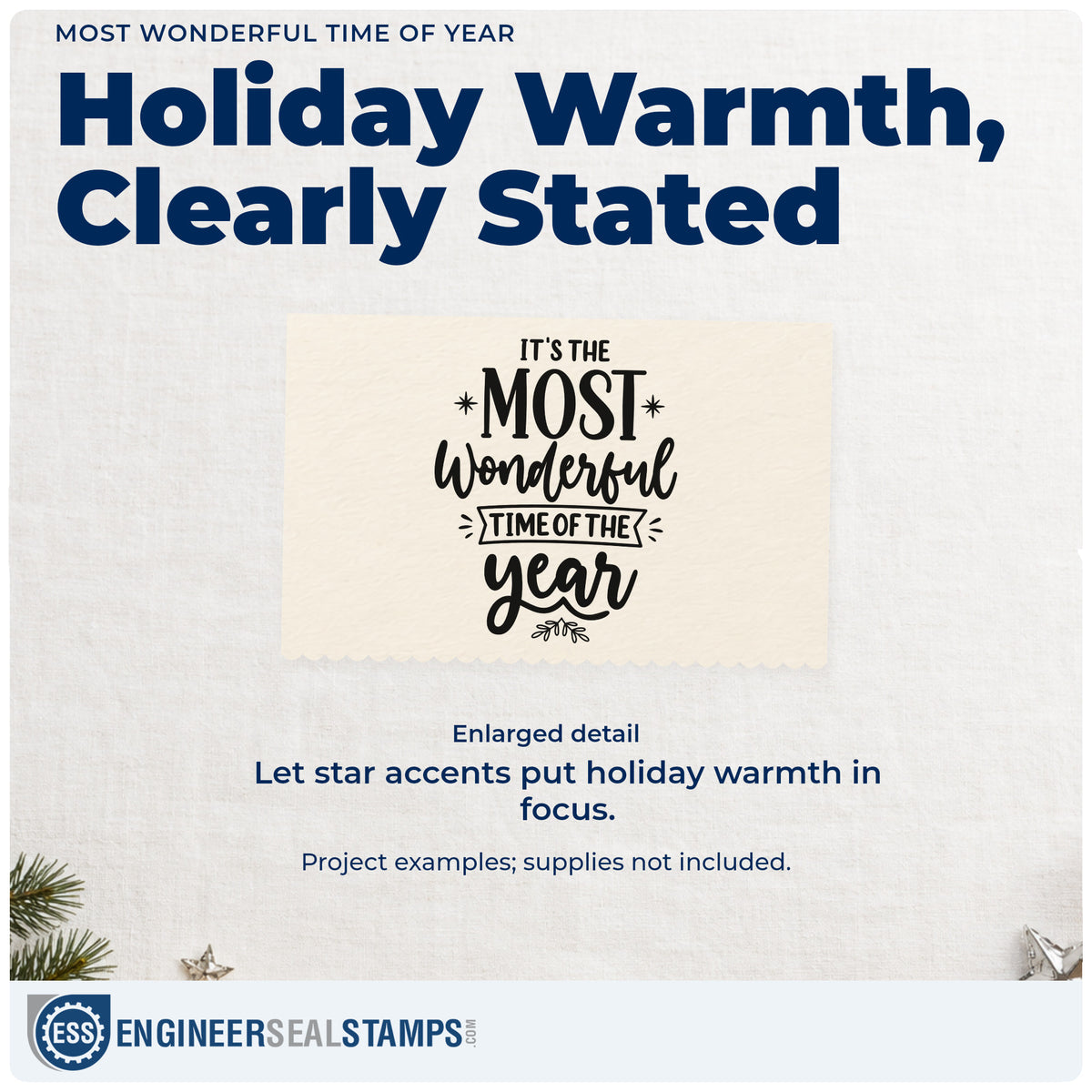 Enlarged detail of the Pre-Inked It's The Most Wonderful Time Of The Year With Stars Stamp – PSI imprint. “It's the Most Wonderful Time of the Year” includes a boxed middle phrase and small decorative stars.