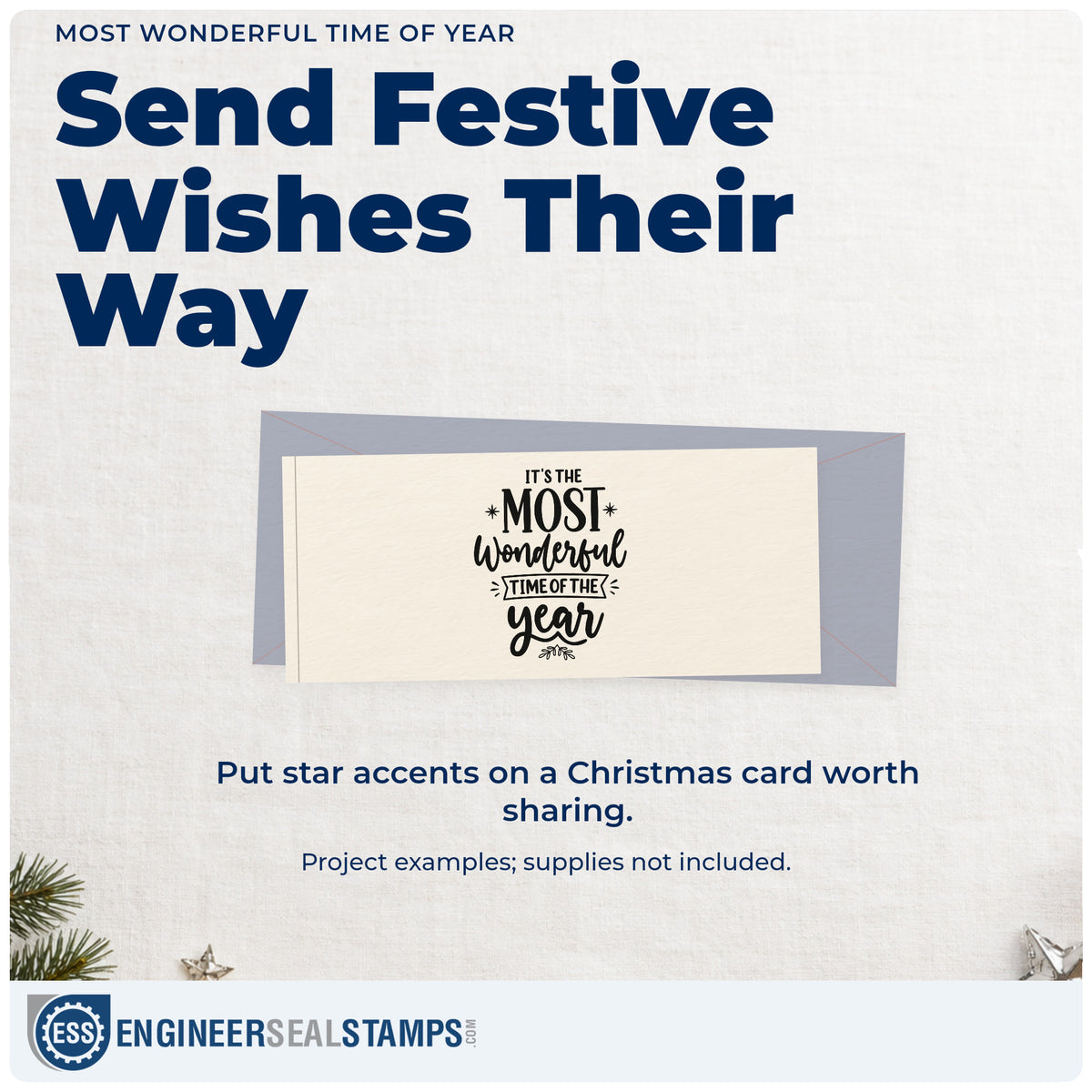 A finished handmade project stamped with the Pre-Inked It's The Most Wonderful Time Of The Year With Stars Stamp – PSI, ideal for layout study album.